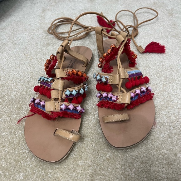 BARBARA BARBIERI Tasseled Leather Sandals Lace Up Pom Pom Strappy Sandals - Picture 3 of 6